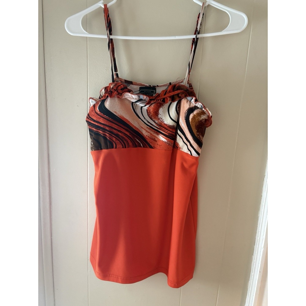 Y2K Relativity Abstract Ruffle Spaghetti Strap Tank Top Orange Multicolor M